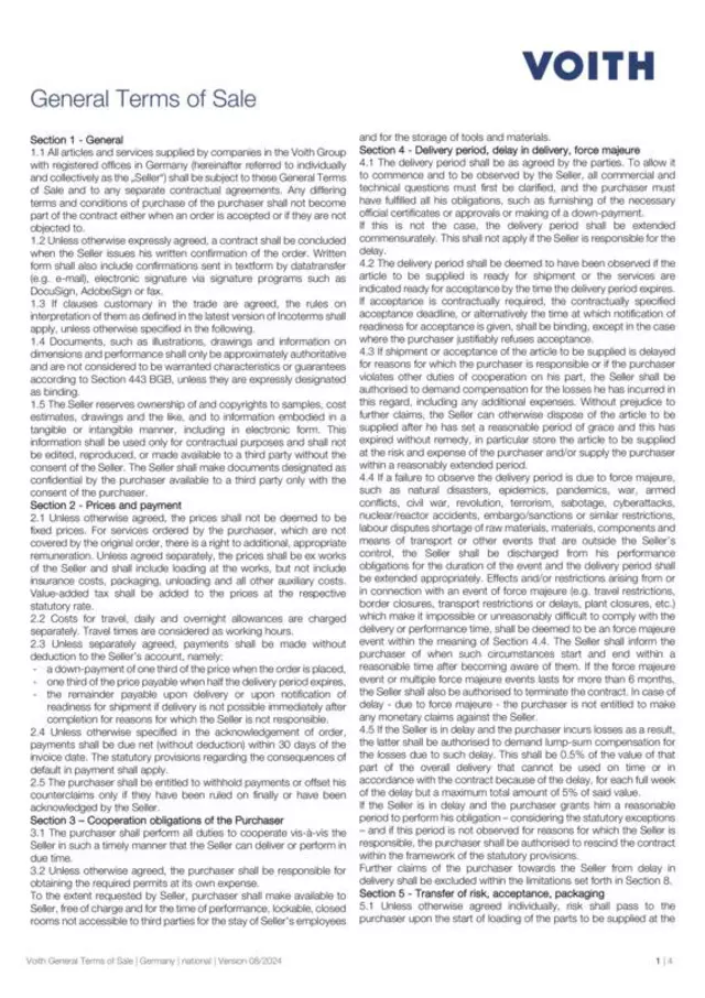 Voith General Terms of Sale national | Version 08/2024