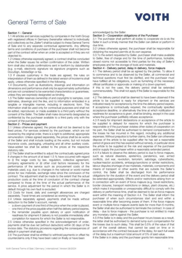 Voith General Terms of Sale international | Version 08/2024