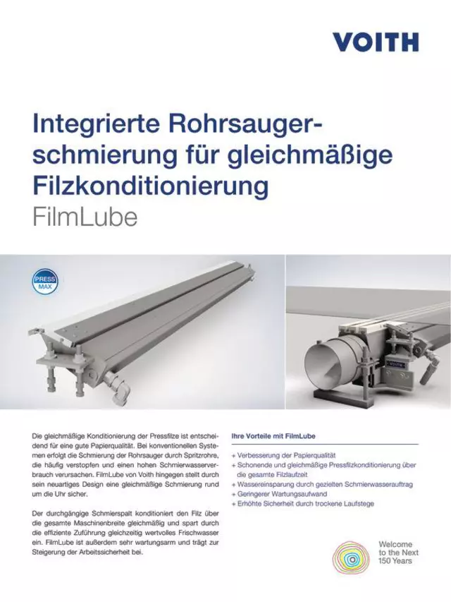 Integrierte Rohrsaugerschmierung für gleichmäßige Filzkonditionierung. FilmLube