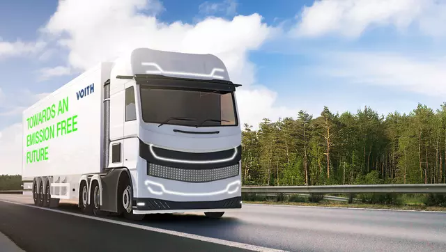 Graphic of a heavy-duty truck with a hydrogen storage system by Voith driving on a high-way