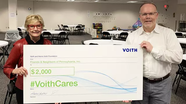 Voith awarded a $2,000 #VoithCares donation to Friends & Neighbors of Pennsylvania, a local nonprofit that operates the Beacon Resource Center, a part-time day shelter in York, Pa. (From left to right: Jill Schumann, Interim Executive Director, Friends & Neighbors of Pennsylvania and Mark Shearer, a Voith employee who nominated the nonprofit for the donation.)