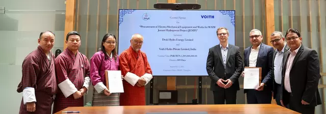 Representatives of DHyE, DGPC and Voith Hydro during the contract signing ceremony for the 90 MW Jomori Hydropower Project in Bhutan.